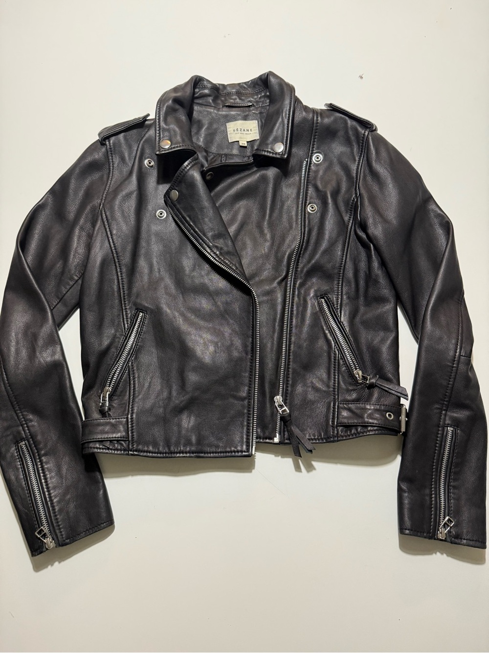 Sézane black leather zig jacket